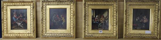 A set of four 19th century German oils on metal panels, figures in interiors, 19 x 15.5cm